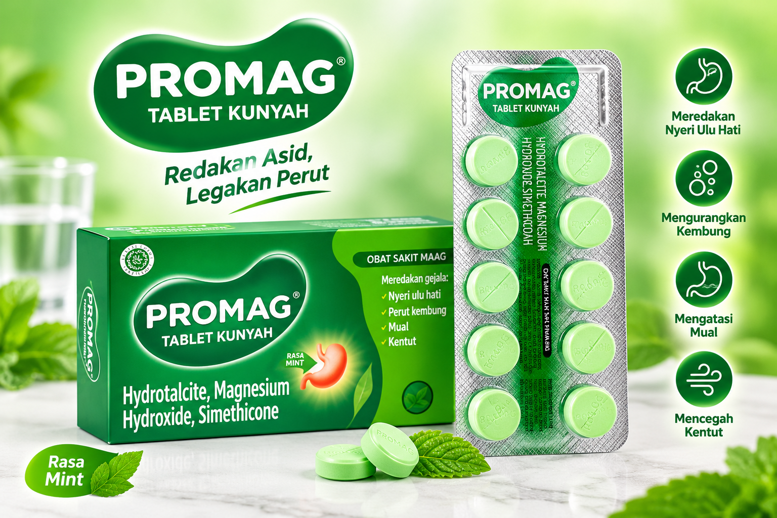 Promag Tablet Kunyah Mint [ 1 Box Isi 30 Tablet| Antacid Maag | HydrotaLCite Magnesium Hydroxide Simethicone | Legakan Perut Kembung | Original | Ready Stock