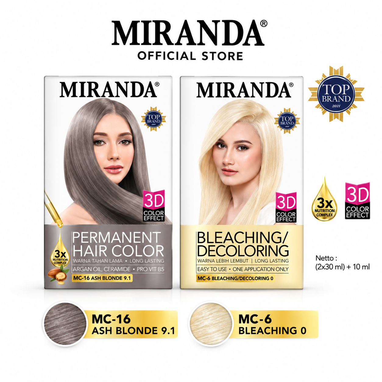 Miranda Hair Color MC-16 Ash Blonde 9.1 + MC-6 Bleaching 0 Combo Set | Pewarna Rambut Blonde Abu | Hair Bleach