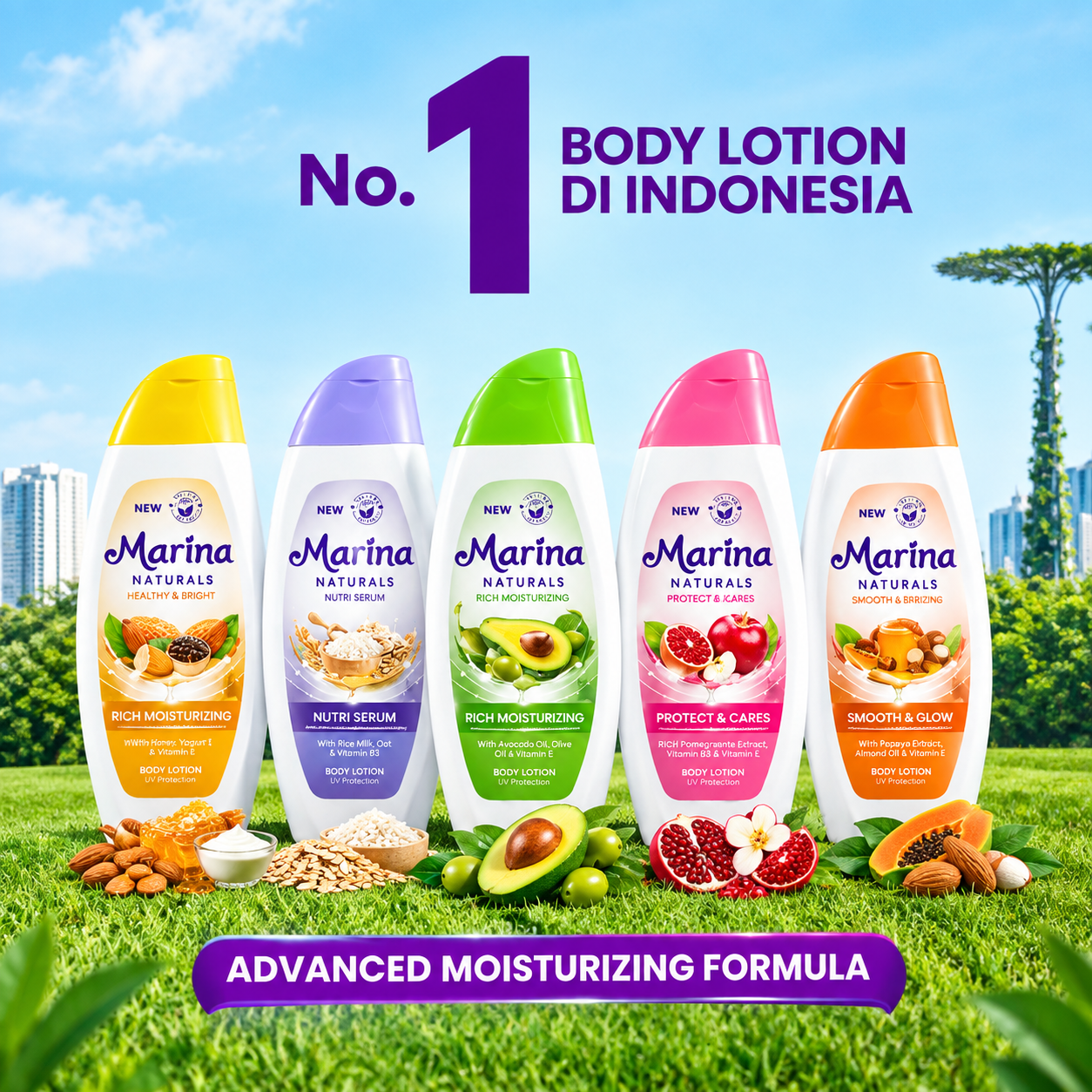 Marina Natural Hand & Body Lotion 185ml  Original - Pelembap Kulit Tubuh Smooth Glow Rich Moisturizing Nutri Serum